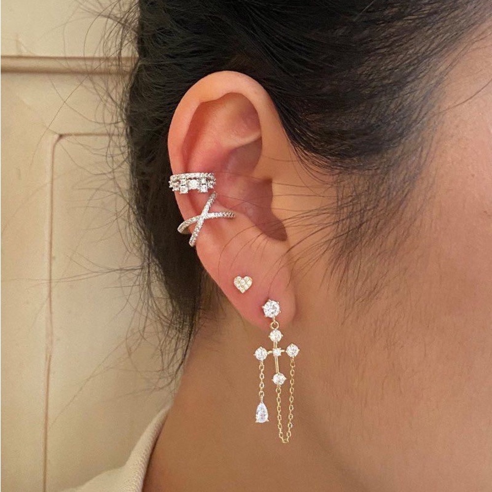 Dangle cubic zirconia earrings,cross earrings,gold chain earring,dangle earrings